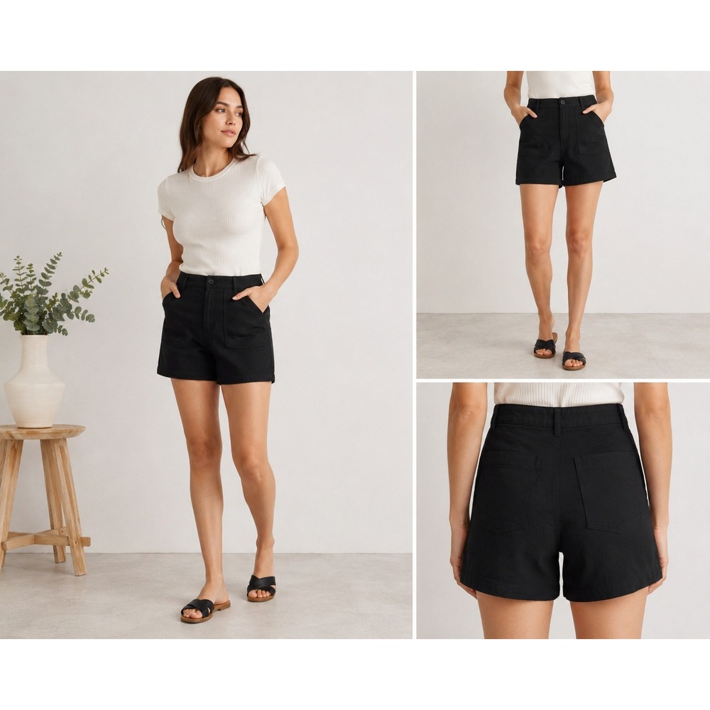 Quince Organic Stretch Cotton Twill Utility Shorts Black High Rise Size 12